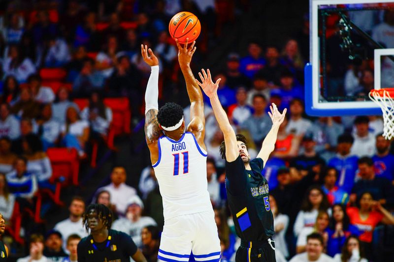 Feb 20, 2024; Boise, Idaho, USA;  Boise State Broncos guard Chibuzo Agbo (11) shoots during the first half against the San Jose State Spartans at ExtraMile Arena. Mandatory Credit: Brian Losness-USA TODAY Sports


