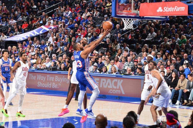 PHILADELPHIA, PA - NOVEMBER 13:Eric Gordon #23 of the Philadelphia 76ers drives to the basket during the game against the Cleveland Cavaliers  on November 13, 2024 at the Wells Fargo Center in Philadelphia, Pennsylvania NOTE TO USER: User expressly acknowledges and agrees that, by downloading and/or using this Photograph, user is consenting to the terms and conditions of the Getty Images License Agreement. Mandatory Copyright Notice: Copyright 2024 NBAE (Photo by Jesse D. Garrabrant/NBAE via Getty Images)