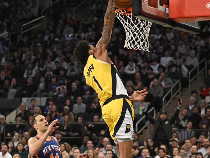 NEW YORK, NY - FEBRUARY 10: Obi Toppin #1 of the Indiana Pacers drives to the basket during the game against the New York Knicks on February 10, 2024 at Madison Square Garden in New York City, New York.  NOTE TO USER: User expressly acknowledges and agrees that, by downloading and or using this photograph, User is consenting to the terms and conditions of the Getty Images License Agreement. Mandatory Copyright Notice: Copyright 2024 NBAE  (Photo by David Dow/NBAE via Getty Images)