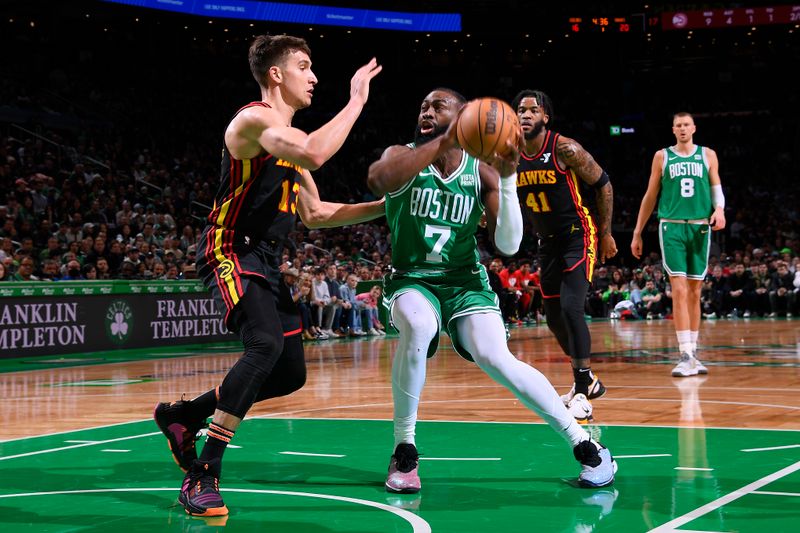 BOSTON, MA - FEBRUARY 7: Jaylen Brown #7 of the Boston Celtics drives to the basket during the game against the Atlanta Hawks on February 7, 2024 at the TD Garden in Boston, Massachusetts. NOTE TO USER: User expressly acknowledges and agrees that, by downloading and or using this photograph, User is consenting to the terms and conditions of the Getty Images License Agreement. Mandatory Copyright Notice: Copyright 2024 NBAE  (Photo by Brian Babineau/NBAE via Getty Images)