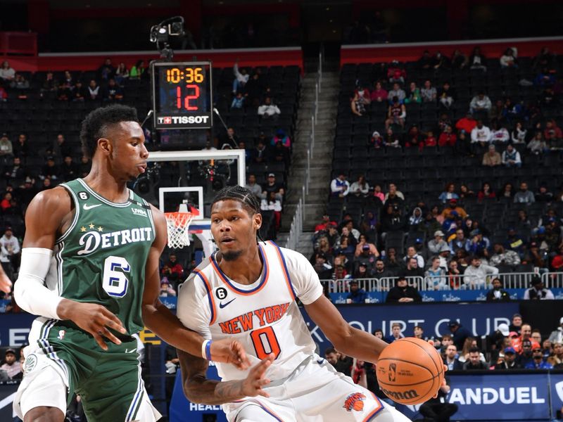 DETROIT, MI - NOVEMBER 29: Cam Reddish #0 of the New York Knicks dribbles the ball during the game against the Detroit Pistons on November 29, 2022 at Little Caesars Arena in Detroit, Michigan. NOTE TO USER: User expressly acknowledges and agrees that, by downloading and/or using this photograph, User is consenting to the terms and conditions of the Getty Images License Agreement. Mandatory Copyright Notice: Copyright 2022 NBAE (Photo by Chris Schwegler/NBAE via Getty Images)