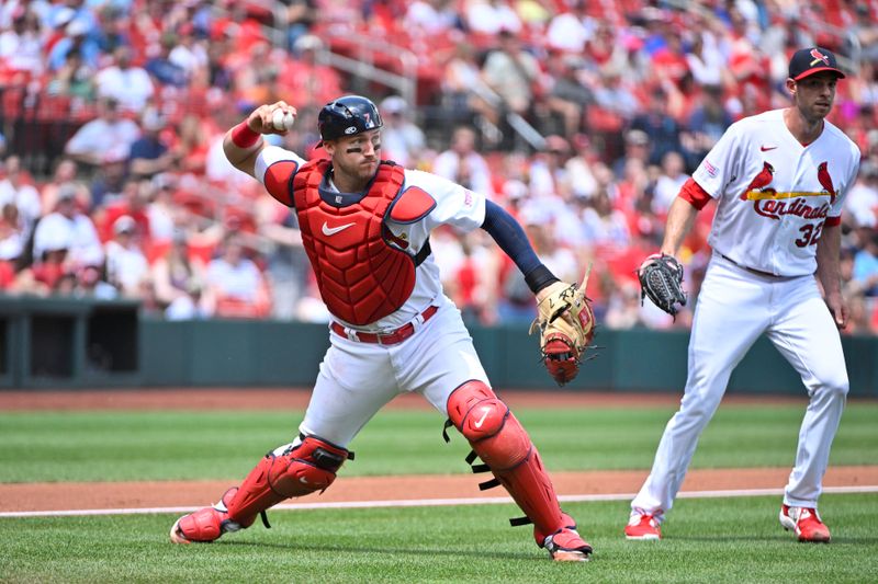 May 7, 2023; St. Louis, Missouri, USA;  St. Louis Cardinals catcher Andrew Knizner (7) throws to first against the Detroit Tigers during the second inningat Busch Stadium. Mandatory Credit: Jeff Curry-USA TODAY Sports