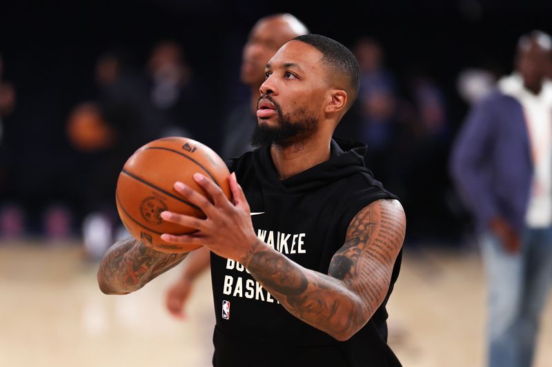 NEW YORK, NEW YORK - DECEMBER 25: Damian Lillard #0 of the Milwaukee Bucks warms up prior to the game against the New York Knicks at Madison Square Garden on December 25, 2023 in New York City.  NOTE TO USER: User expressly acknowledges and agrees that, by downloading and or using this photograph, User is consenting to the terms and conditions of the Getty Images License Agreement. (Photo by Rich Graessle/Getty Images)