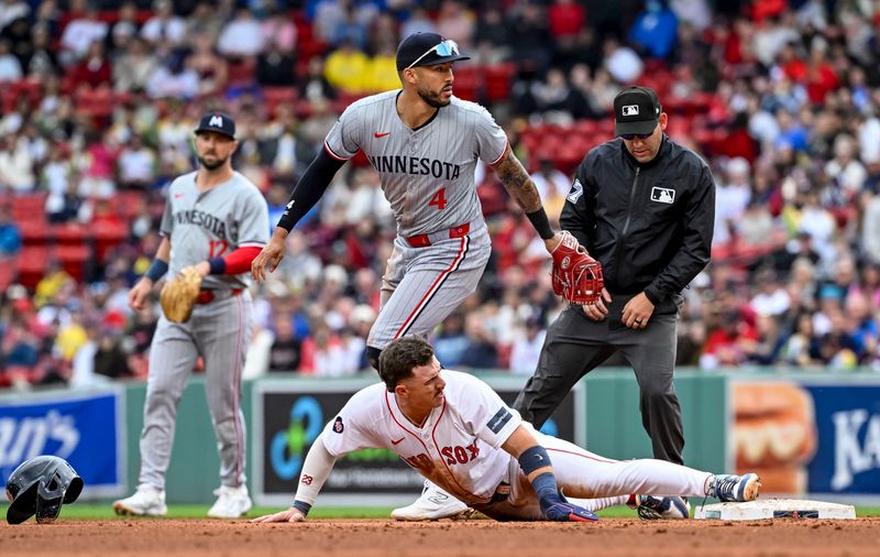 Sep 22, 2024; Boston, Massachusetts, USA; Boston Red Sox third baseman Romy Gonzalez (23) steals second base during the fourth inning against the Minnesota Twins at Fenway Park. Mandatory Credit: Eric Canha-Imagn Images