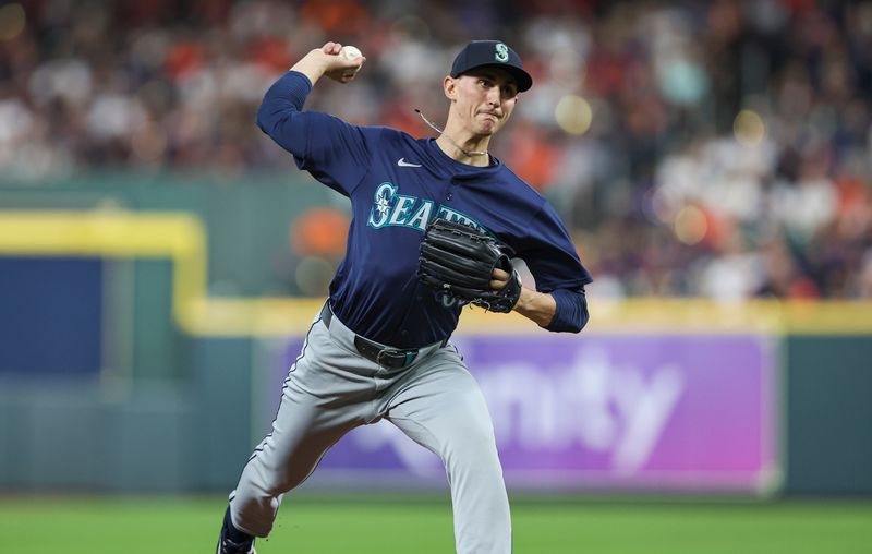 May 3, 2024; Houston, Texas, USA; Seattle Mariners starting pitcher George Kirby (68) delivers a pitch during the second inning against the Houston Astros at Minute Maid Park. Mandatory Credit: Troy Taormina-USA TODAY Sports