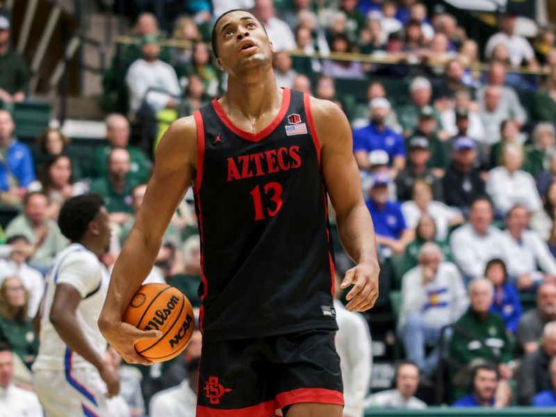 Jan 30, 2024; Fort Collins, Colorado, USA; San Diego State Aztecs forward Jaedon LeDee (13) reacts to a call in the first half against the Colorado State Rams at Moby Arena. Mandatory Credit: Chet Strange-USA TODAY Sports