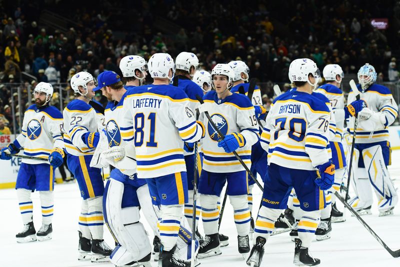 Mar 17, 2025; Boston, Massachusetts, USA;  The Buffalo Sabres celebrate their overtime win over the Boston Bruins at TD Garden. Mandatory Credit: Bob DeChiara-Imagn Images