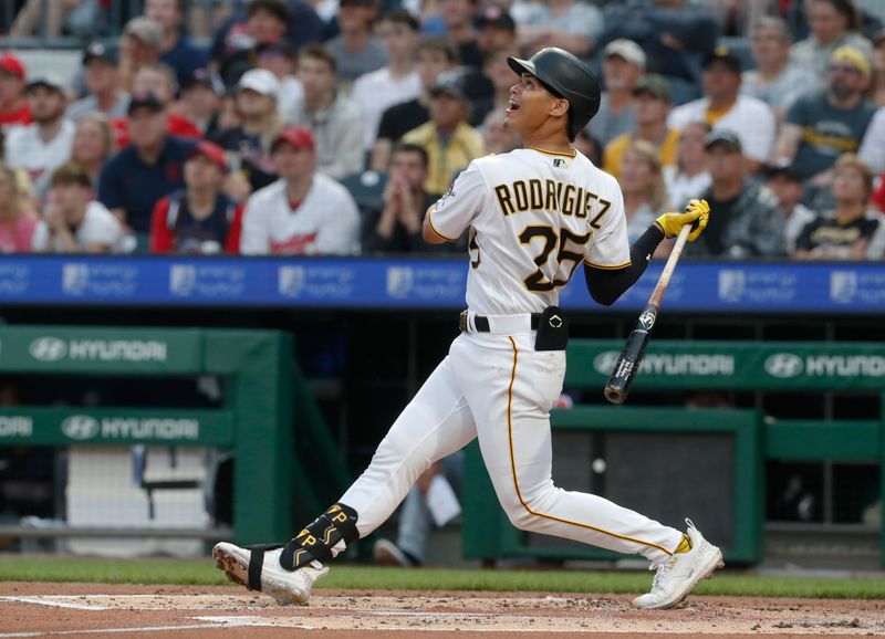 Jul 17, 2023; Pittsburgh, Pennsylvania, USA;  Pittsburgh Pirates catcher Endy Rodriguez (25) at bat in his major league debut against the Cleveland Guardians during the second inning at PNC Park. Mandatory Credit: Charles LeClaire-USA TODAY Sports