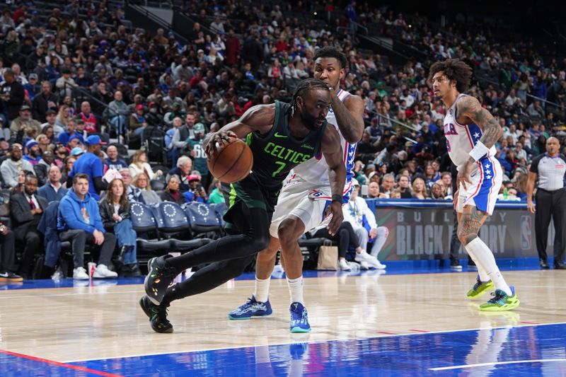 PHILADELPHIA, PA - FEBRUARY 2: Jaylen Brown #7 of the Boston Celtics handles the ball during the game against the Philadelphia 76ers on February 2, 2025 at the Wells Fargo Center in Philadelphia, Pennsylvania NOTE TO USER: User expressly acknowledges and agrees that, by downloading and/or using this Photograph, user is consenting to the terms and conditions of the Getty Images License Agreement. Mandatory Copyright Notice: Copyright 2025 NBAE(Photo by Jesse D. Garrabrant/NBAE via Getty Images)