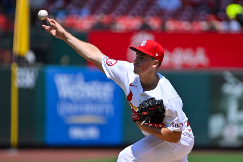 Jul 31, 2024; St. Louis, Missouri, USA;  St. Louis Cardinals starting pitcher Michael McGreevy (36) pitched against the Texas Rangers during the first inning of his Major League Debut at Busch Stadium. Mandatory Credit: Jeff Curry-USA TODAY Sports
