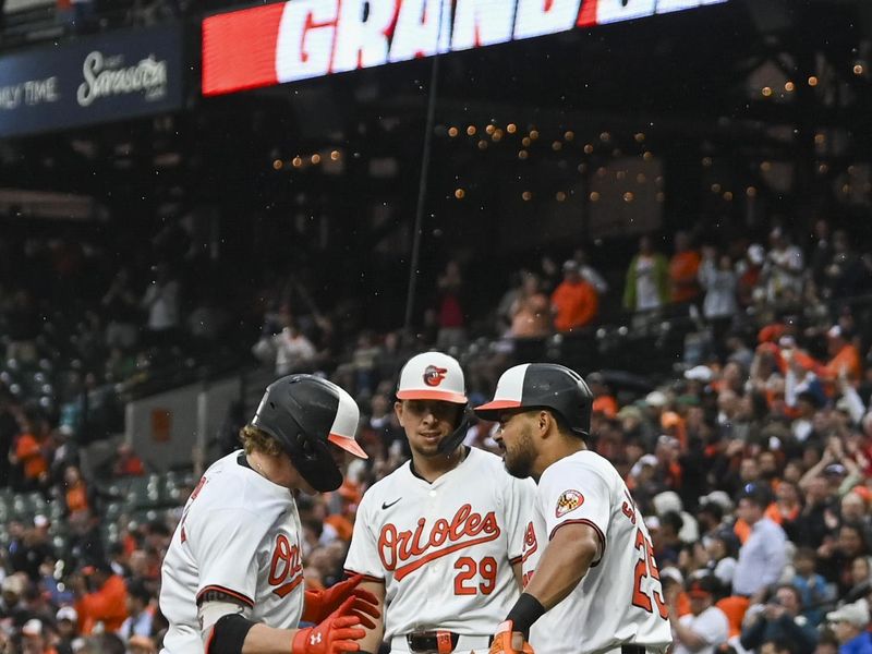 May 29, 2024; Baltimore, Maryland, USA;  Baltimore Orioles shortstop Gunnar Henderson (2) celebrates with  third baseman Ramon Urias (29) and  right fielder Anthony Santander (25) after hitting a second inning gran slam against the Boston Red Sox at Oriole Park at Camden Yards. Mandatory Credit: Tommy Gilligan-USA TODAY Sports