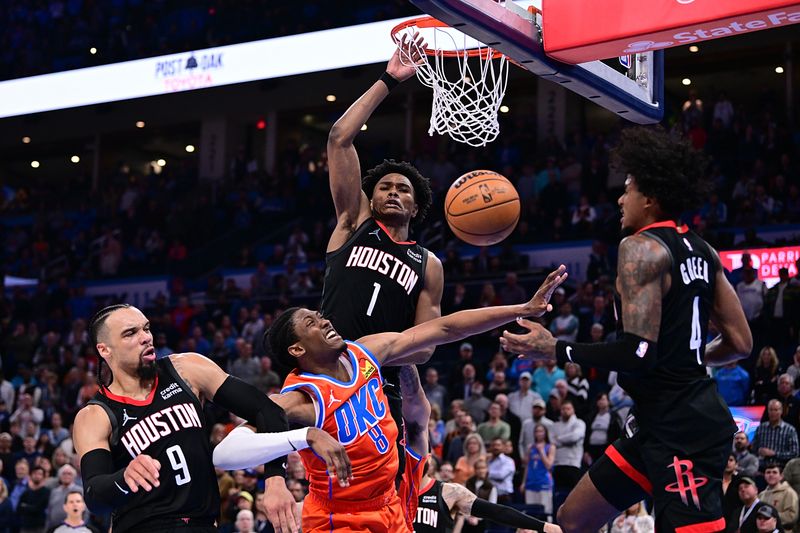 OKLAHOMA CITY, OKLAHOMA - MARCH 27: Jalen Williams #8 of the Oklahoma City Thunder puts up a shot against Dillon Brooks #9, Amen Thompson #1 and Jalen Green #4 of the Houston Rockets during the second half at Paycom Center on March 27, 2024 in Oklahoma City, Oklahoma. NOTE TO USER: User expressly acknowledges and agrees that, by downloading and or using this Photograph, user is consenting to the terms and conditions of the Getty Images License Agreement. (Photo by Joshua Gateley/Getty Images)