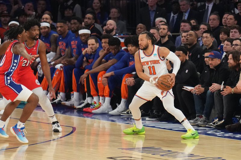 NEW YORK, NY - APRIL 20: Jalen Brunson #11 of the New York Knicks dribbles the ball during the game against the Philadelphia 76ers during Round 1 Game 1 of the 2024 NBA Playoffs on April 20, 2024 at Madison Square Garden in New York City, New York.  NOTE TO USER: User expressly acknowledges and agrees that, by downloading and or using this photograph, User is consenting to the terms and conditions of the Getty Images License Agreement. Mandatory Copyright Notice: Copyright 2024 NBAE  (Photo Jesse D. Garrabrant/NBAE via Getty Images)