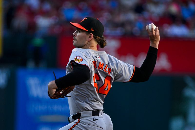 May 20, 2024; St. Louis, Missouri, USA;  Baltimore Orioles starting pitcher Dean Kremer (64) pitches against the St. Louis Cardinals during the first inning at Busch Stadium. Mandatory Credit: Jeff Curry-USA TODAY Sports