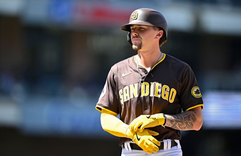 Mar 26, 2024; San Diego, California, USA; San Diego Padres center fielder Jackson Merrill (3) looks on during the fifth inning against the Seattle Mariners at Petco Park. Mandatory Credit: Orlando Ramirez-USA TODAY Sports