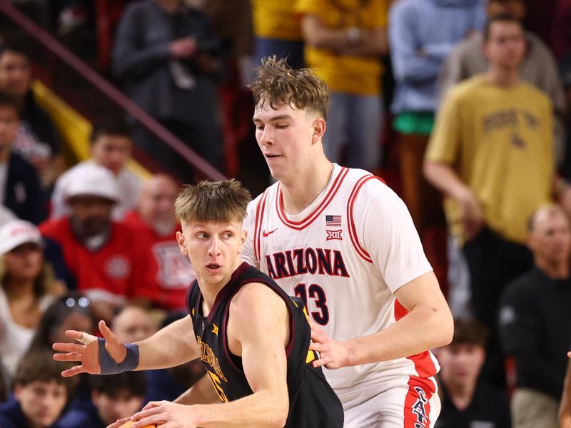 Jan 31, 2026; Tempe, Arizona, USA; Arizona State Sun Devils guard Noah Meeusen (15) moves the ball against Arizona Wildcats center Motiejus Krivas (13) in the first half at Desert Financial Arena. Mandatory Credit: Mark J. Rebilas-Imagn Images