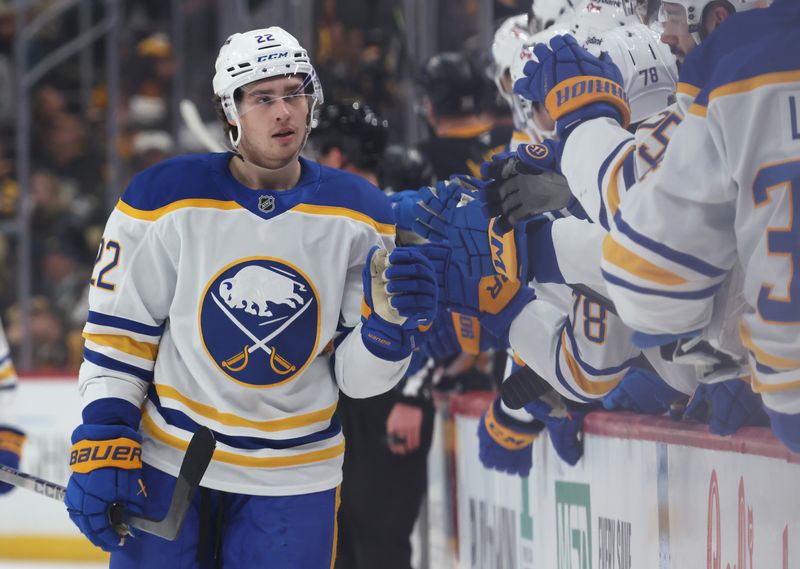 Nov 26, 2025; Pittsburgh, Pennsylvania, USA; Buffalo Sabres right wing Jack Quinn (22) celebrates with the teammates after scoring a goal against the Pittsburgh Penguins during the third period at PPG Paints Arena. Mandatory Credit: Charles LeClaire-Imagn Images