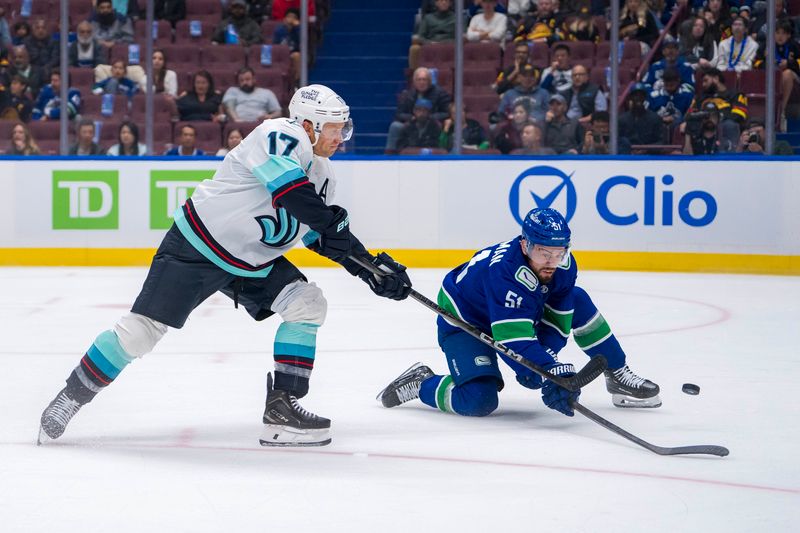 Sep 24, 2024; Vancouver, British Columbia, CAN; Vancouver Canucks defenseman Mark Friedman (51) blocks a shot taken by Seattle Kraken forward Jaden Schwartz (17) during the second period at Rogers Arena. Mandatory Credit: Bob Frid-Imagn Images