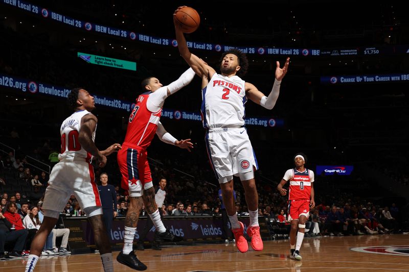 WASHINGTON, DC -? NOVEMBER 17: Cade Cunningham #2 of the Detroit Pistons rebounds the ball during the game against the Washington Wizards on November 17, 2024 at Capital One Arena in Washington, DC. NOTE TO USER: User expressly acknowledges and agrees that, by downloading and or using this Photograph, user is consenting to the terms and conditions of the Getty Images License Agreement. Mandatory Copyright Notice: Copyright 2024 NBAE (Photo by Stephen Gosling/NBAE via Getty Images)