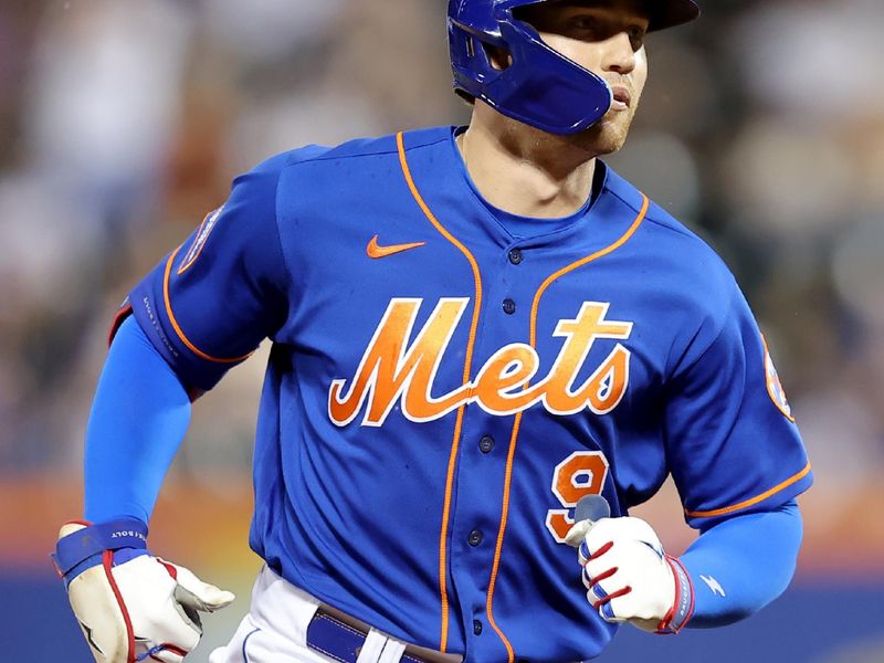 Aug 14, 2023; New York City, New York, USA; New York Mets left fielder Brandon Nimmo (9) rounds the bases after hitting a solo home run against the Pittsburgh Pirates during the sixth inning at Citi Field. Mandatory Credit: Brad Penner-USA TODAY Sports