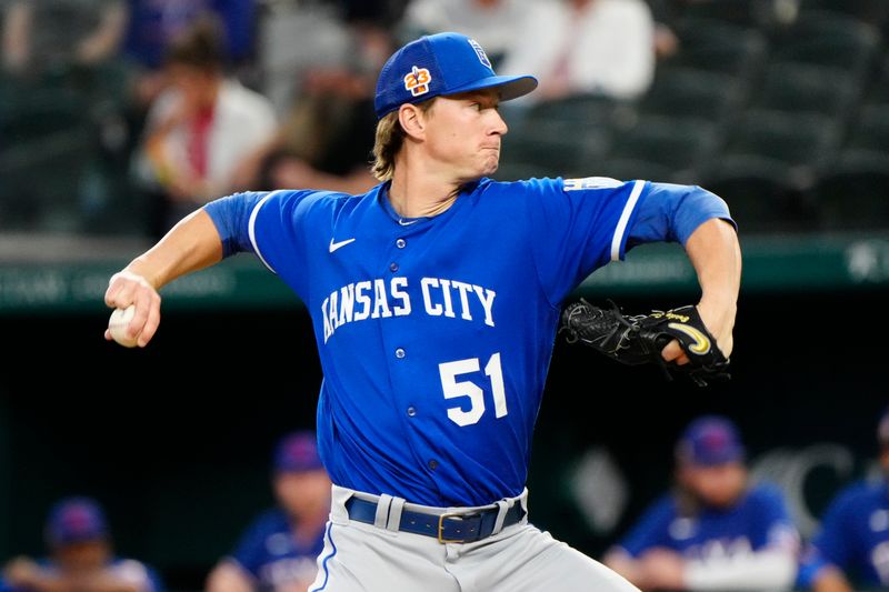 Mar 28, 2023; Arlington, Texas, USA; Kansas City Royals starting pitcher Brady Singer (51) delivers a pitch to the Texas Rangers during the first inning of an exhibition game at Globe Life Field. Mandatory Credit: Jim Cowsert-USA TODAY Sports