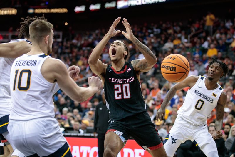 Mar 8, 2023; Kansas City, MO, USA; Texas Tech Red Raiders guard Jaylon Tyson (20) loses control of the ball during the second half against the West Virginia Mountaineers at T-Mobile Center. Mandatory Credit: William Purnell-USA TODAY Sports