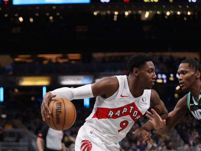 INDIANAPOLIS, IN - FEBRUARY 27: RJ Barrett #9 of the Toronto Raptors dribbles the ball during the game against the Indiana Pacers on February 27, 2024 at Gainbridge Fieldhouse in Indianapolis, Indiana. NOTE TO USER: User expressly acknowledges and agrees that, by downloading and or using this Photograph, user is consenting to the terms and conditions of the Getty Images License Agreement. Mandatory Copyright Notice: Copyright 2024 NBAE (Photo by Pepper Robinson/NBAE via Getty Images)