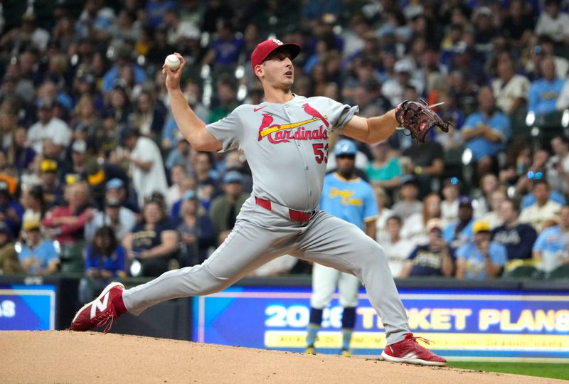 Sep 12, 2025; Milwaukee, Wisconsin, USA; St. Louis Cardinals pitcher Andre Pallante (53) delivers a pitch against the Milwaukee Brewers in the first inning at American Family Field. Mandatory Credit: Michael McLoone-Imagn Images