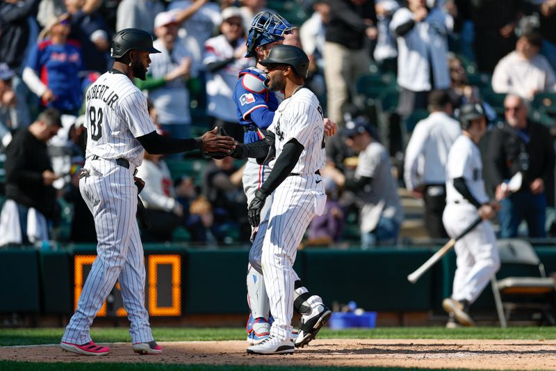 May 24, 2025; Chicago, Illinois, USA; Chicago White Sox left fielder Joshua Palacios (47) celebrates with center fielder Luis Robert Jr. (88) after hitting a two-run home run against the Texas Rangers during the fourth inning at Rate Field. Mandatory Credit: Kamil Krzaczynski-Imagn Images
