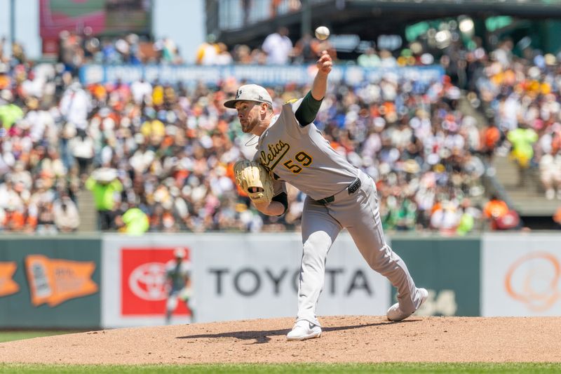 May 18, 2025; San Francisco, California, USA; Oakland Athletics pitcher Jeffrey Springs (59) throws a pitch during the first inning against the San Francisco Giants at Oracle Park. Mandatory Credit: Bob Kupbens-Imagn Images
