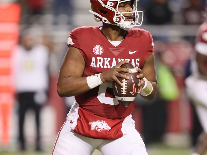 Nov 18, 2023; Fayetteville, Arkansas, USA; Arkansas Razorbacks quarterback Jacolby Criswell (6) looks to pass during the fourth quarter against the FIU Panthers at Donald W. Reynolds Razorback Stadium. Arkansas won 44-20. Mandatory Credit: Nelson Chenault-USA TODAY Sports