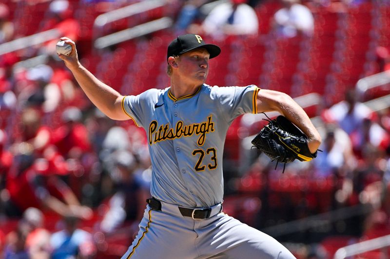 Jun 13, 2024; St. Louis, Missouri, USA;  Pittsburgh Pirates starting pitcher Mitch Keller (23) pitches against the St. Louis Cardinals during the first inning at Busch Stadium. Mandatory Credit: Jeff Curry-USA TODAY Sports