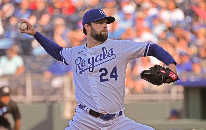 Jul 29, 2023; Kansas City, Missouri, USA;  Kansas City Royals starting pitcher Jordan Lyles (24) delivers a pitch during the first inning against the Minnesota Twins at Kauffman Stadium. Mandatory Credit: Peter Aiken-USA TODAY Sports