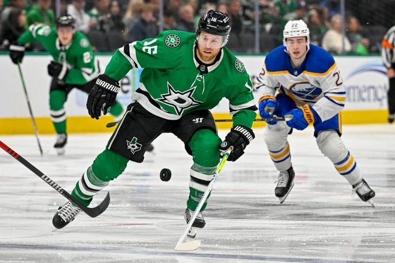 Apr 9, 2024; Dallas, Texas, USA; Dallas Stars center Joe Pavelski (16) chases the puck in the Buffalo Sabres zone during the second period at the American Airlines Center. Mandatory Credit: Jerome Miron-USA TODAY Sports