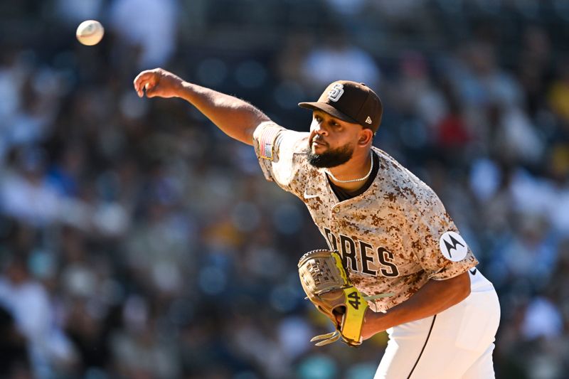 Sep 28, 2025; San Diego, California, USA; San Diego Padres relief pitcher Randy Vasquez (98) delivers during the ninth inning against the Arizona Diamondbacks at Petco Park. Mandatory Credit: Denis Poroy-Imagn Images