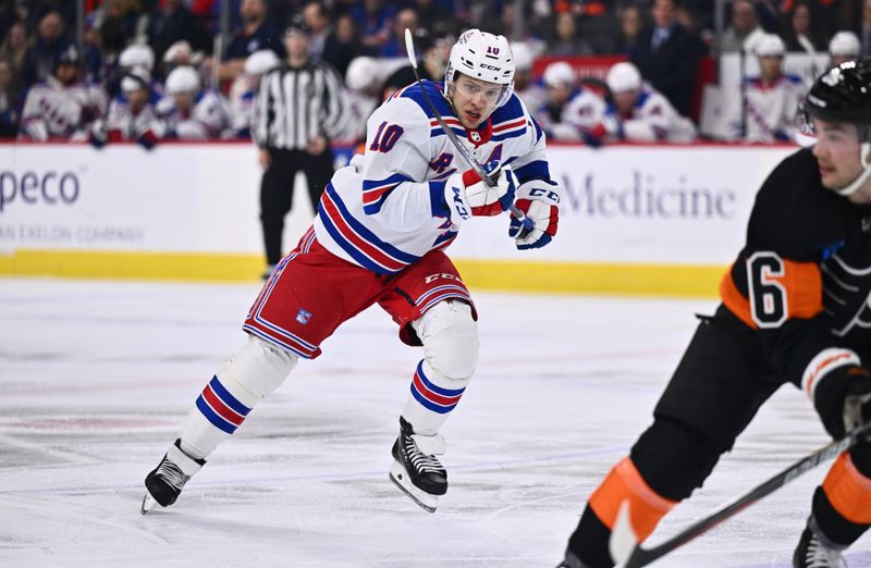 Nov 24, 2023; Philadelphia, Pennsylvania, USA; New York Rangers left wing Artemi Panarin (10) in action against the Philadelphia Flyers in the third period at Wells Fargo Center. Mandatory Credit: Kyle Ross-USA TODAY Sports