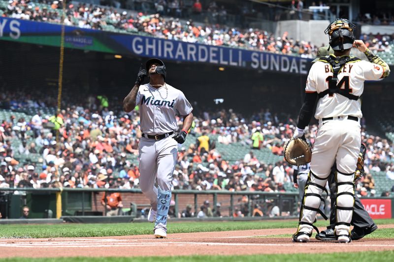 May 21, 2023; San Francisco, California, USA; Miami Marlins designated hitter Jorge Soler (12) reacts after hitting a one run home run against the San Francisco Giants during the first inning at Oracle Park. Mandatory Credit: Robert Edwards-USA TODAY Sports