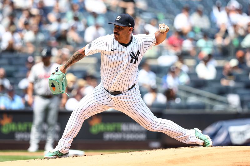 Jun 23, 2024; Bronx, New York, USA;  New York Yankees starting pitcher Nestor Cortes (65) pitches in the first inning against the Atlanta Braves at Yankee Stadium. Mandatory Credit: Wendell Cruz-USA TODAY Sports