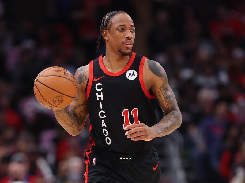 CHICAGO, ILLINOIS - FEBRUARY 27: DeMar DeRozan #11 of the Chicago Bulls dribbles up the court against the Detroit Pistons during the first half at the United Center on February 27, 2024 in Chicago, Illinois. NOTE TO USER: User expressly acknowledges and agrees that, by downloading and or using this photograph, User is consenting to the terms and conditions of the Getty Images License Agreement. (Photo by Michael Reaves/Getty Images)