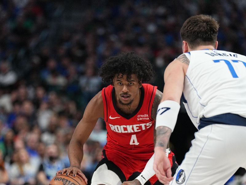 DALLAS, TX - APRIL 7: Jalen Green #4 of the Houston Rockets dribbles the ball during the game against the Dallas Mavericks on April 7, 2024 at the American Airlines Center in Dallas, Texas. NOTE TO USER: User expressly acknowledges and agrees that, by downloading and or using this photograph, User is consenting to the terms and conditions of the Getty Images License Agreement. Mandatory Copyright Notice: Copyright 2024 NBAE (Photo by Glenn James/NBAE via Getty Images)