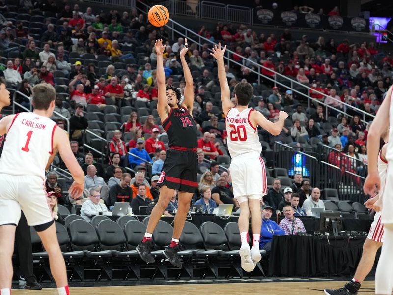 Mar 8, 2023; Las Vegas, NV, USA; Stanford Cardinal forward Spencer Jones (14) shoots against Utah Utes guard Lazar Stefanovic (20) during the first half at T-Mobile Arena. Mandatory Credit: Stephen R. Sylvanie-USA TODAY Sports