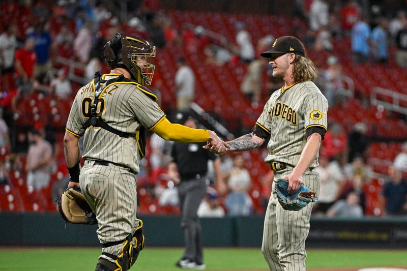 Aug 28, 2023; St. Louis, Missouri, USA;  San Diego Padres relief pitcher Josh Hader (71) and catcher Gary Sanchez (99) celebrate after the Padres defeated the St. Louis Cardinals at Busch Stadium. Mandatory Credit: Jeff Curry-USA TODAY Sports