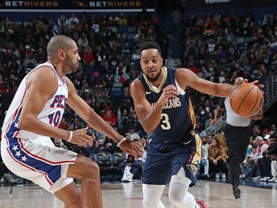 NEW ORLEANS, LA - NOVEMBER 29: CJ McCollum #3 of the New Orleans Pelicans drives to the basket during the game against the Philadelphia 76ers on November 29, 2023 at the Smoothie King Center in New Orleans, Louisiana. NOTE TO USER: User expressly acknowledges and agrees that, by downloading and or using this Photograph, user is consenting to the terms and conditions of the Getty Images License Agreement. Mandatory Copyright Notice: Copyright 2023 NBAE (Photo by Layne Murdoch Jr./NBAE via Getty Images)