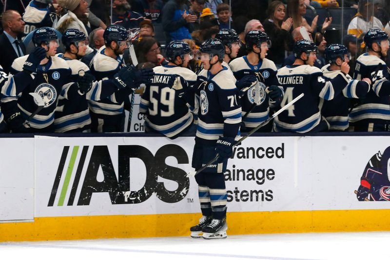 Nov 15, 2024; Columbus, Ohio, USA; Columbus Blue Jackets defenseman Damon Severson (78) celebrates his goal against the Pittsburgh Penguins during the third period at Nationwide Arena. Mandatory Credit: Russell LaBounty-Imagn Images