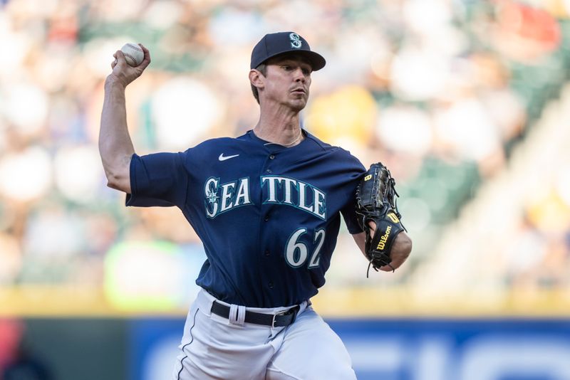 Aug 9, 2023; Seattle, Washington, USA; Seattle Mariners starter Emerson Hancock (62) delivers a pitch during the second inning against the San Diego Padres at T-Mobile Park. Mandatory Credit: Stephen Brashear-USA TODAY Sports