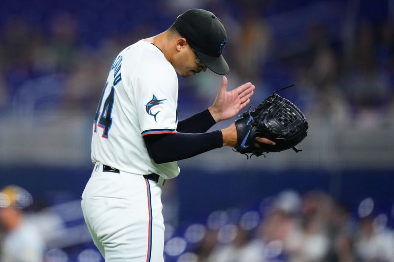 May 22, 2024; Miami, Florida, USA; Miami Marlins pitcher Jesús Luzardo (44) reacts against the Milwaukee Brewers during the eighth inning at loanDepot Park. Mandatory Credit: Rich Storry-USA TODAY Sports