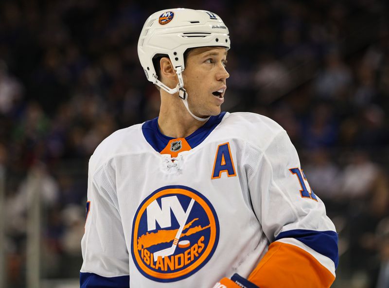 Sep 24, 2024; New York, New York, USA; New York Islanders left wing Matt Martin (17) celebrates his goal during the second period against the New York Rangers at Madison Square Garden. Mandatory Credit: Danny Wild-Imagn Images