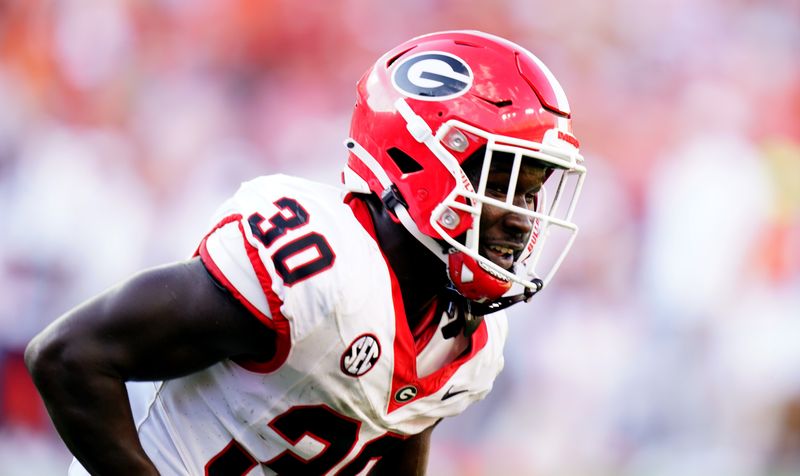 Sep 30, 2023; Auburn, Alabama, USA; Georgia Bulldogs running back Daijun Edwards (30) celebrates his touchdown against the Auburn Tigers during the third quarter at Jordan-Hare Stadium. Mandatory Credit: John David Mercer-USA TODAY Sports