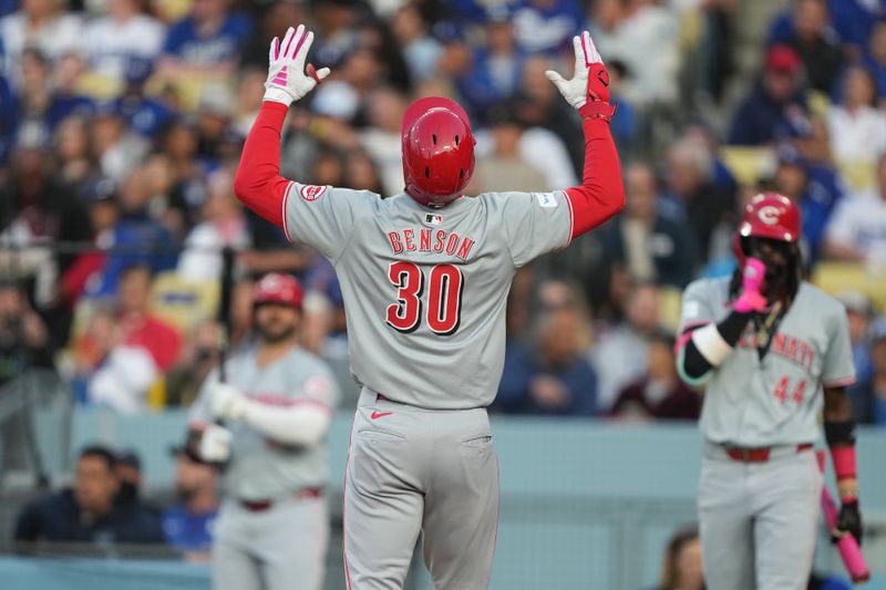 May 16, 2024; Los Angeles, California, USA; Cincinnati Reds center fielder Will Benson (30) celebrates after hitting a home run in the first inning against the Los Angeles Dodgers at Dodger Stadium. Mandatory Credit: Kirby Lee-USA TODAY Sports