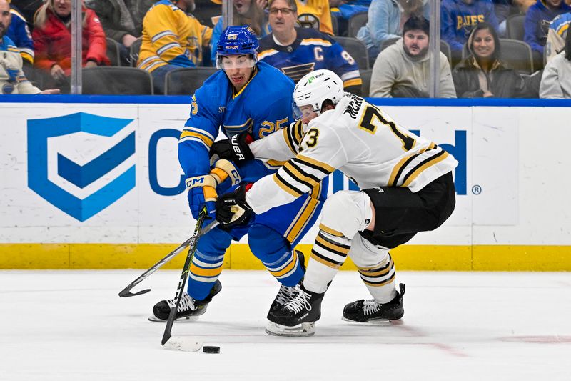 Jan 13, 2024; St. Louis, Missouri, USA;  St. Louis Blues center Jordan Kyrou (25) and Boston Bruins defenseman Charlie McAvoy (73) battle for the puck during the second period at Enterprise Center. Mandatory Credit: Jeff Curry-USA TODAY Sports